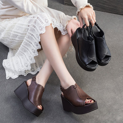 Women Retro Elegant Genuine Leather Wedge Sandals ¨C Black & Coffee