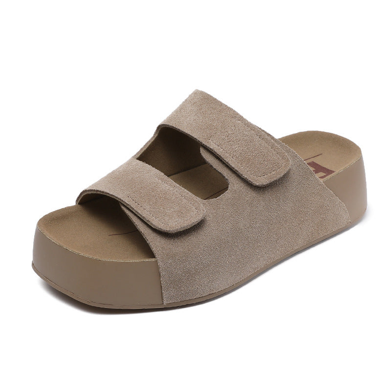 Genuine Leather Chunky Soft Sole Velcro Straps Everyday Slippers