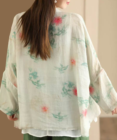 Ladies Vintage Printed Ramie Shirt Chinese Style Elegant Jacket