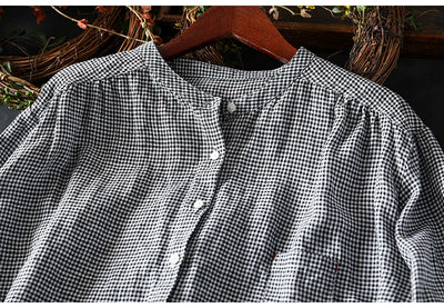 Women Spring Retro Pure Linen Plaid Long Sleeve Blouse
