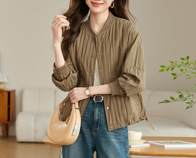 Women Button Up Stand Collar Crinkled Short Jackets