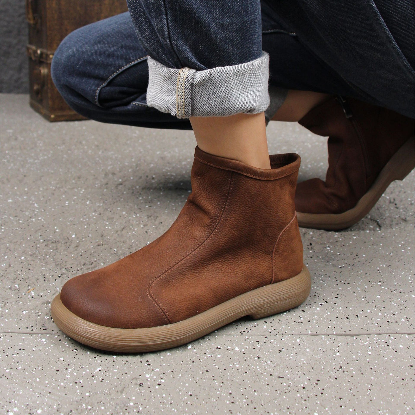 Autumn Leather Retro Plus Size Zipper Loose Ankle Boots