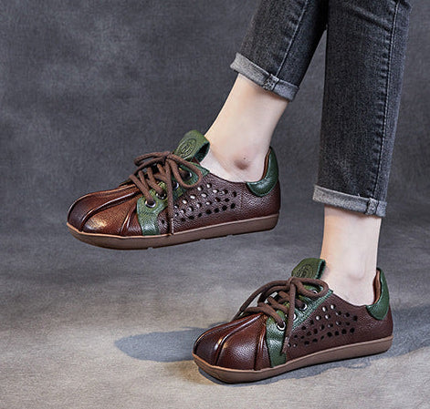 Spring Retro Hollow Soft Sole Color Block Leather Casual Shoes