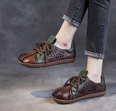 Spring Retro Hollow Soft Sole Color Block Leather Casual Shoes