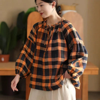 Women Loose Comfy Retro Ruffled Lace-Up Linen Shirt