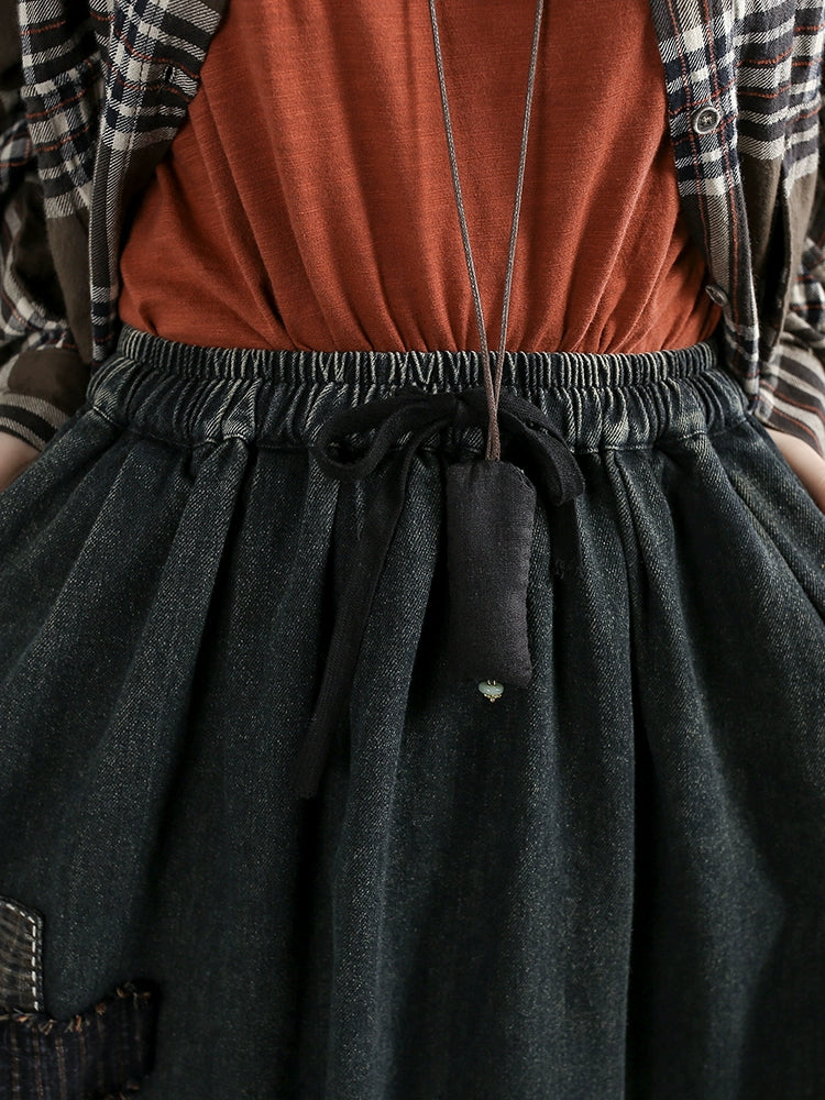Women Spring Washed Vintage Patchwork Denim A-Line Skirt