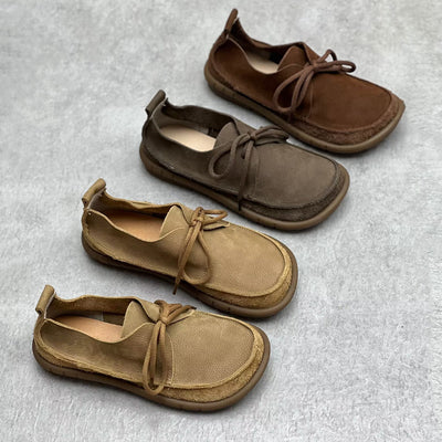 Ladies Retro Handmade Genuine Leather Lace-Up Suede Flats