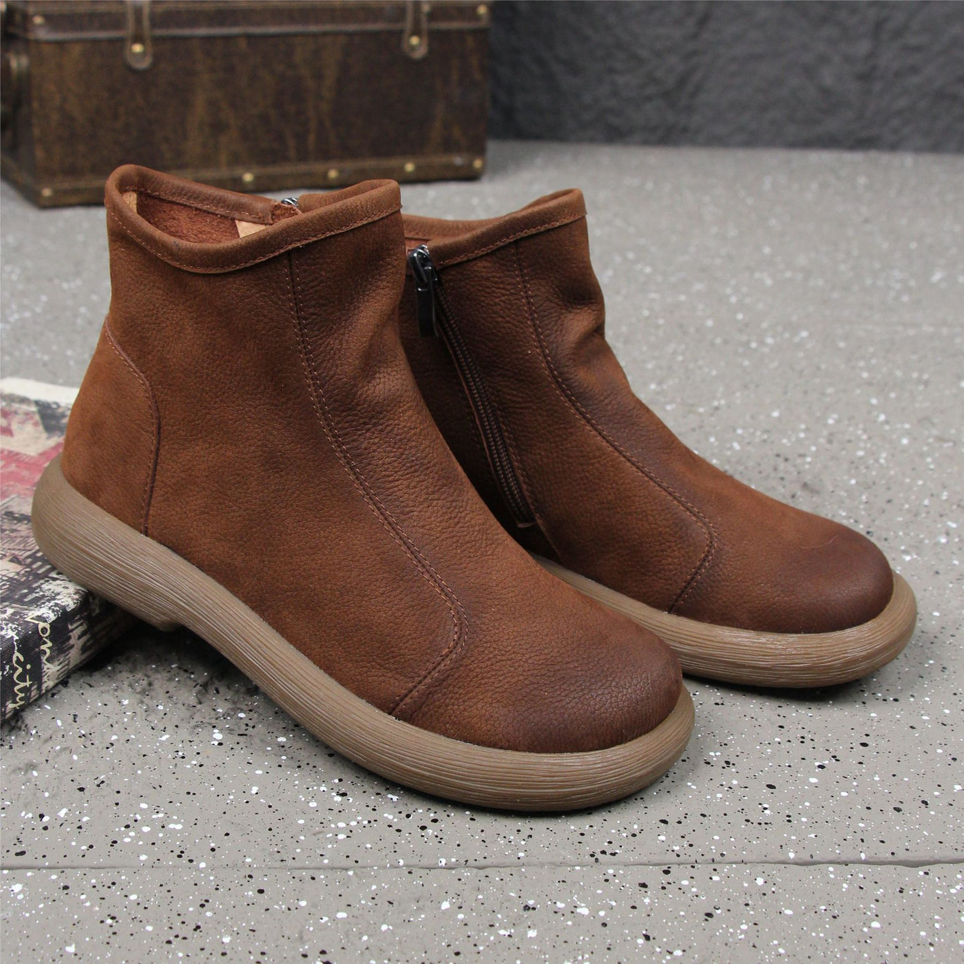 Autumn Leather Retro Plus Size Zipper Loose Ankle Boots