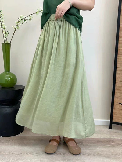 Summer Retro Ramie Elastic Waist Loose Solid Color Skirt