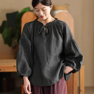 Women Loose Comfy Retro Ruffled Lace-Up Linen Shirt