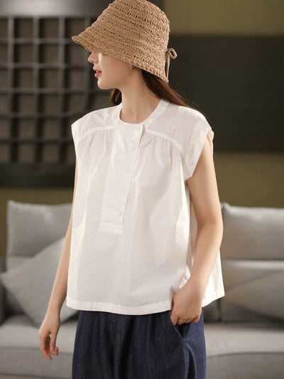 Women Summer Vintage Cotton Shirt Stand Collar Sleeveless Blouse
