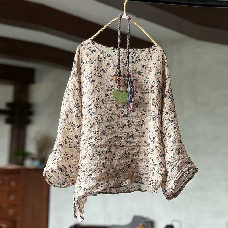 Spring Loose Casual Asymmetric Floral Printed Ramie Blouse