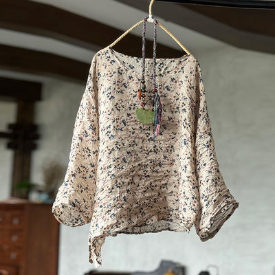 Spring Loose Casual Asymmetric Floral Printed Ramie Blouse