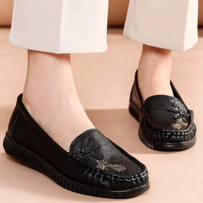 Babakud Women Spring Vintage Floral Leather Flat Loafers