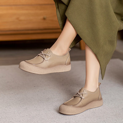 Retro Autumn Leather Round Toe Platform Slip-On Shoes
