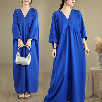 Women Autumn Cotton Causal V-Neck Plus Size Dress