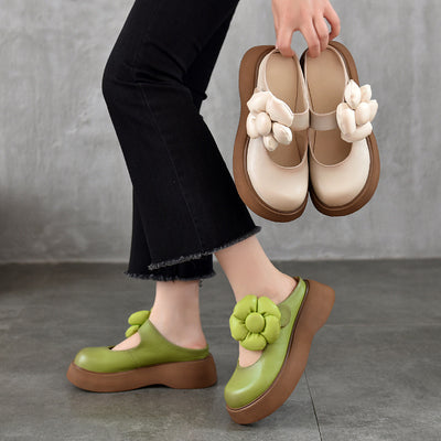 Summer Leather Closed Toe Soft Thick Sole Removable Floral Slippers