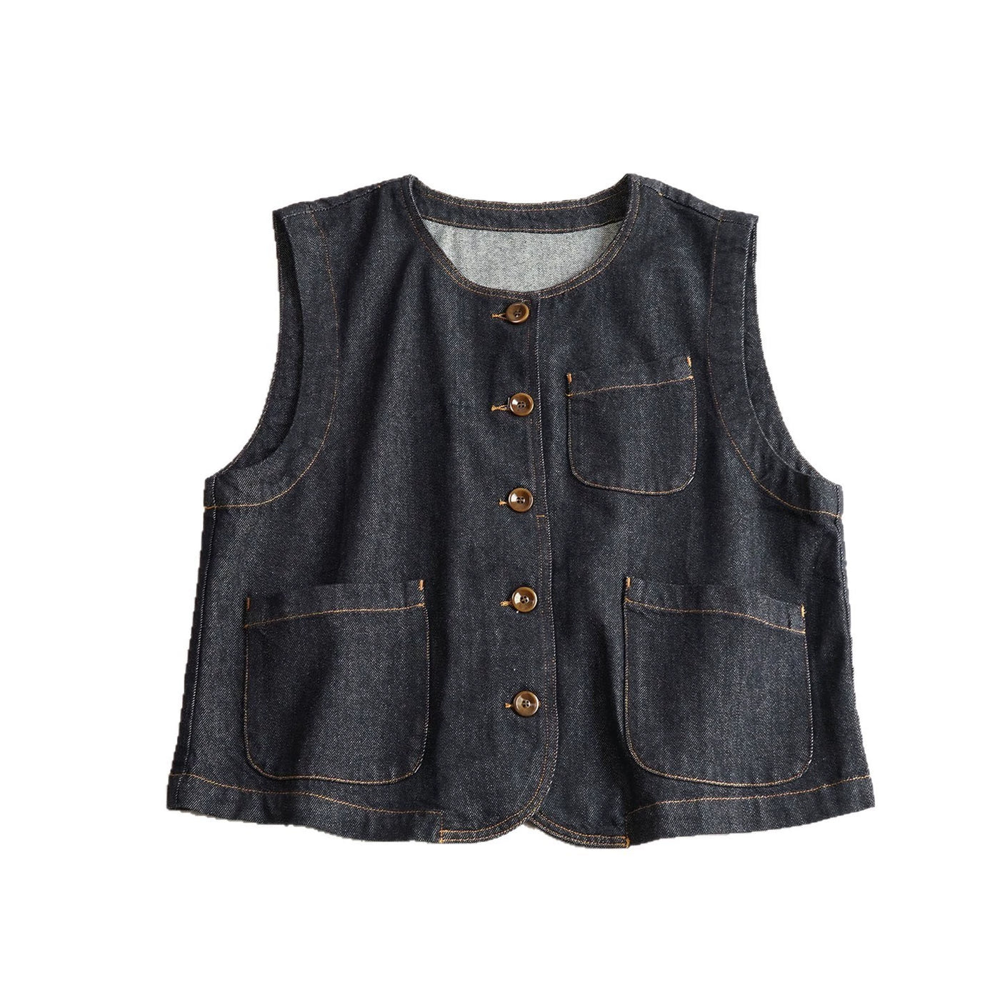 Retro Denim Round Neck Loose Pockets Single Breasted Vest