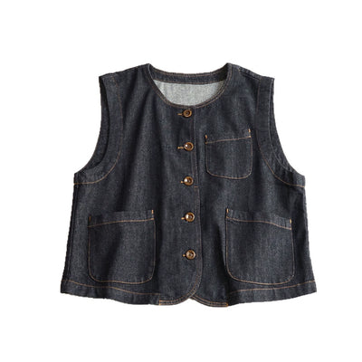 Retro Denim Round Neck Loose Pockets Single Breasted Vest