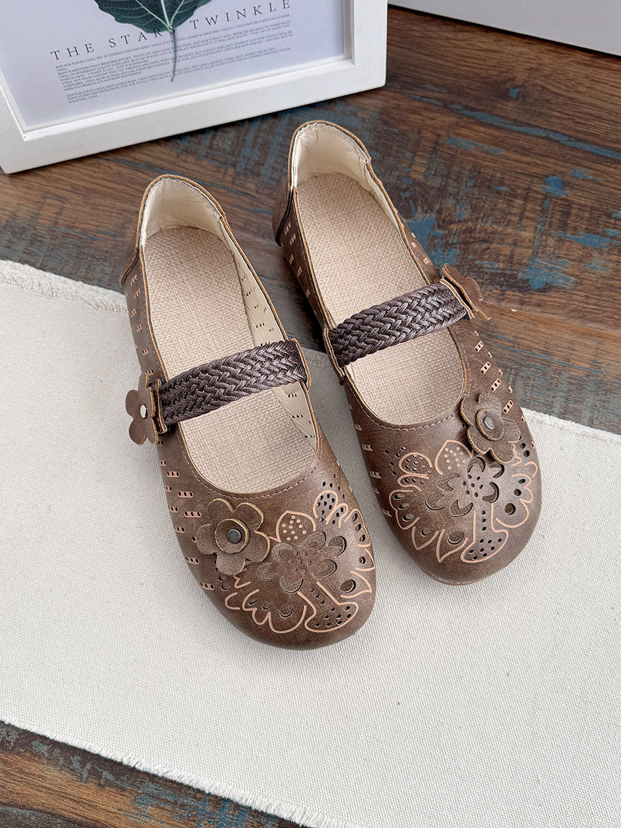 Babakud Women Spring Leather Floral Hollow Mary Jane Ballet Flats