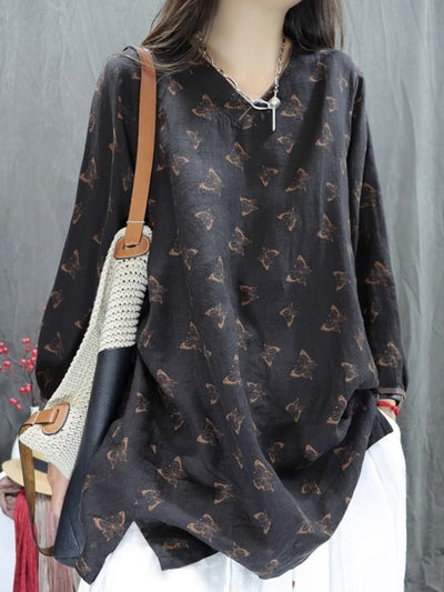 Women Spring Printed V-Neck Plus Size Loose Shirt
