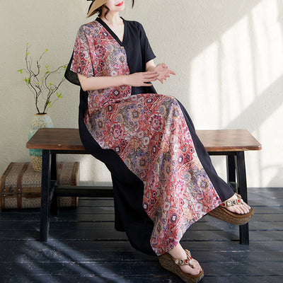 Spring Loose Retro Printed Color Block V-Neck Cotton Dresses