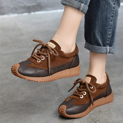 Women Casual Genuine Leather Soft Sole Patchwork Lace-Up Sneakers