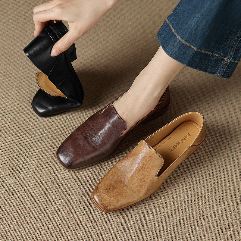 Retro Leather Shallow Square Toe Soft Sole Loafer Shoes