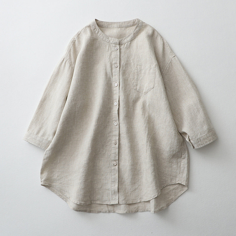 Babakud Summer Cotton Linen Stand Collar 3/4 Sleeves Shirt