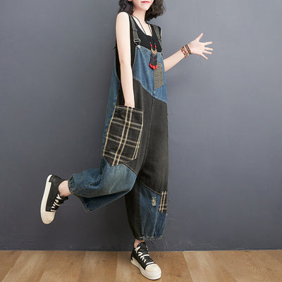 Women Spring Retro Denim Patchwork Plaid Casual Loose Jumpsuit
