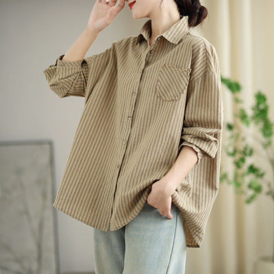 Babakud Retro Cotton Striped Casual Loose Patchwork Shirt