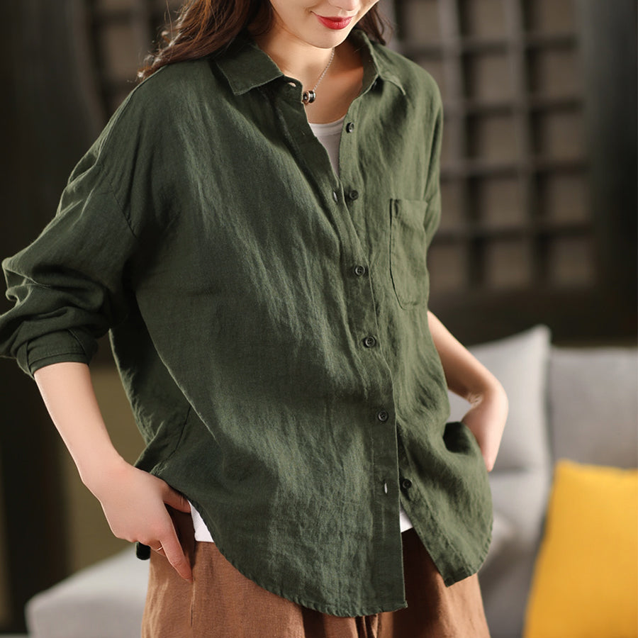 Women Spring Retro Pure Linen Solid Color Casual Blouse