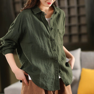 Women Spring Retro Pure Linen Solid Color Casual Blouse