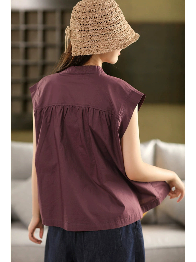 Women Summer Vintage Cotton Shirt Stand Collar Sleeveless Blouse