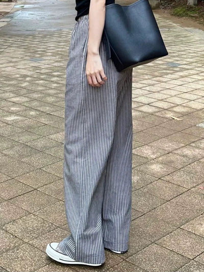 Babakud Spring Cotton Linen Gray Striped Straight-Leg Casual Pants