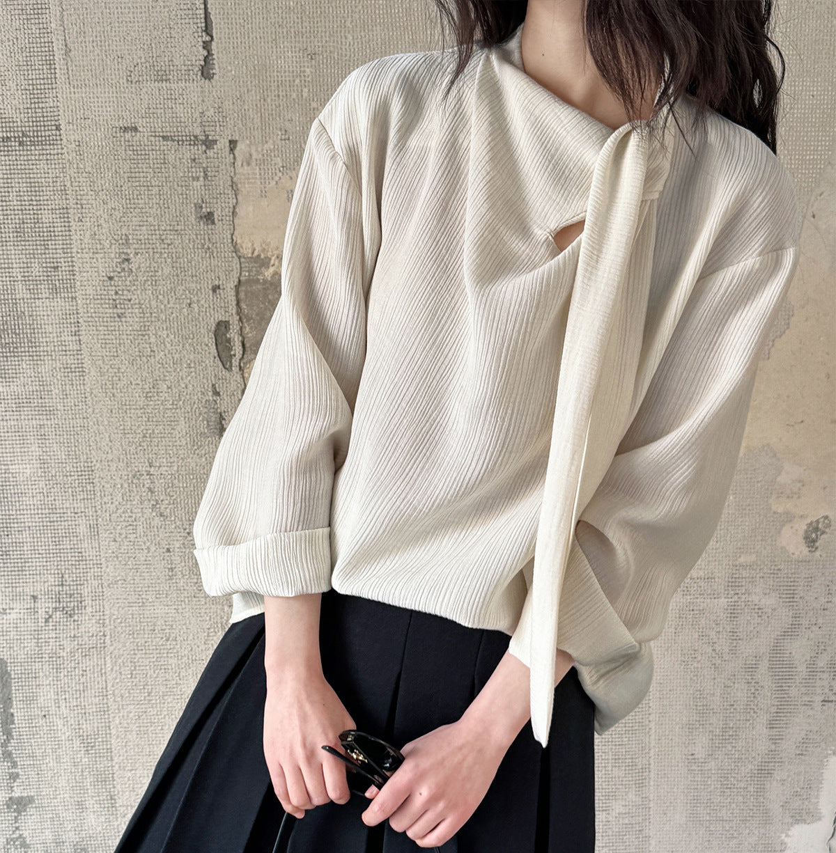 Ladies Solid Color Elegant Retro Ribbon Texture Cotton Pullover