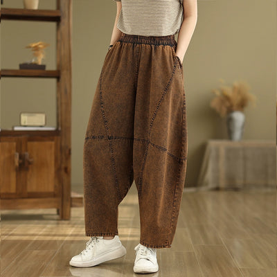 Women Spring Retro Cotton Denim Patchwork Harem Pants