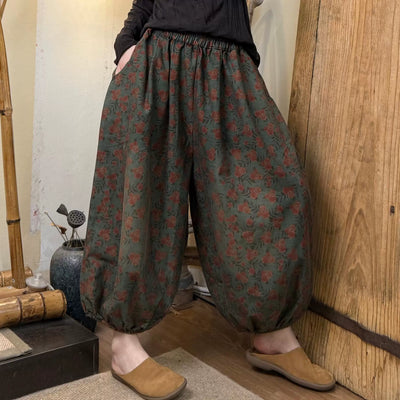 Spring Retro Floral Printed Loose Elastic Waist Harem Pants