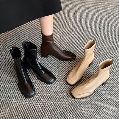 Leather Casual Square Toe Patchwork Chunky Zipper Mid-Calf Boots