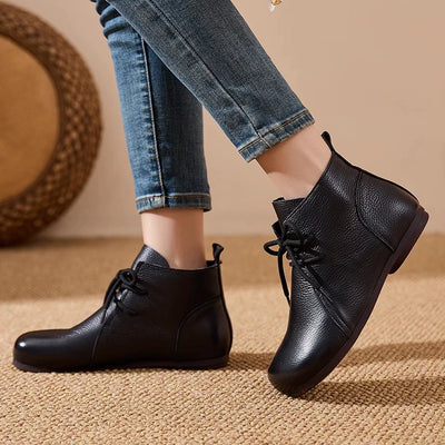 Genuine Leather Retro Round Toe Lace-Up Ankle Boots