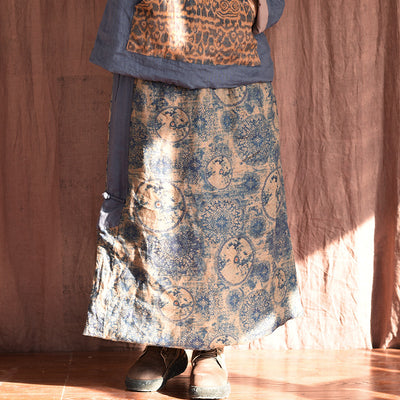 Ethnic Printed Slit Warm Padded Cotton Linen Midi Skirt