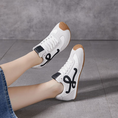 Women Sports Sheepskin Leather Patchwork Soft Sole Sneakers