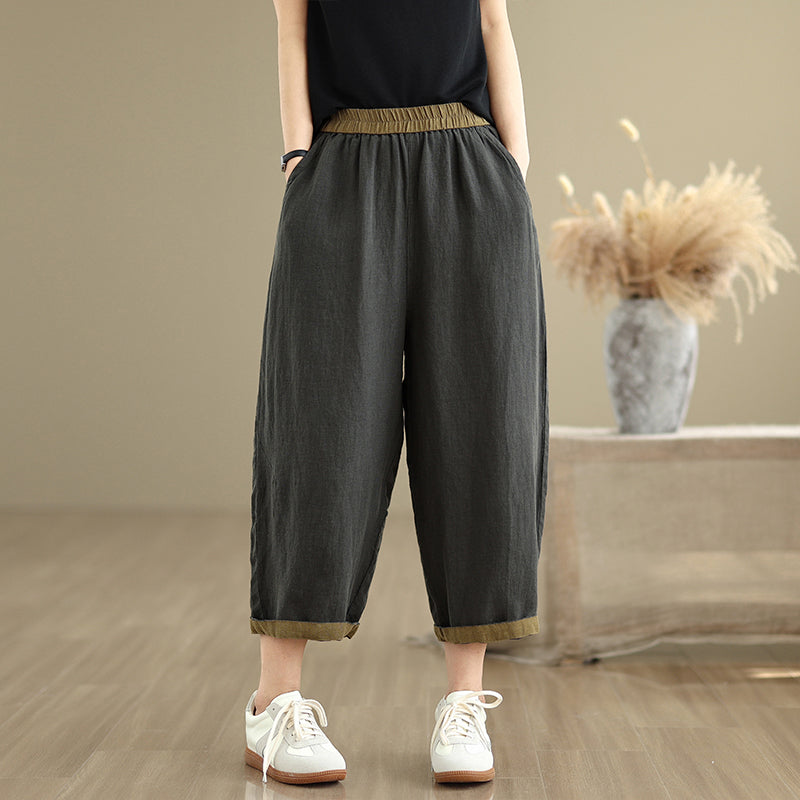 Women Casual Contrast Trim Workwear Cotton Linen Cropped Pants