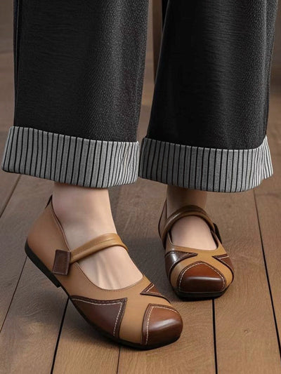 Top Genuine Leather Retro Color Block Soft Sole Flats Shoes