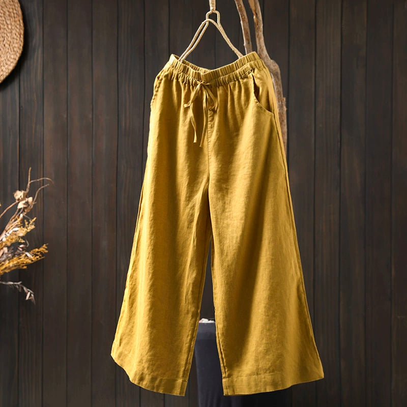 Women Spring Vintage Linen Solid Color Casual Wide-Leg Pants