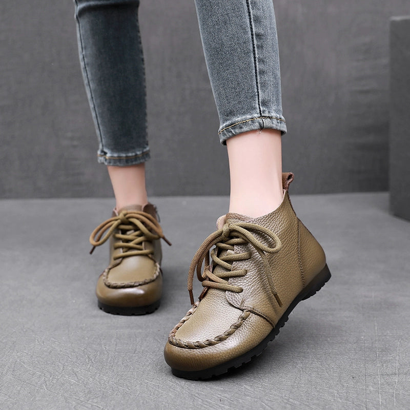 Women Retro Leather Lace-Up Side Zipper Stitching Ankle Boots