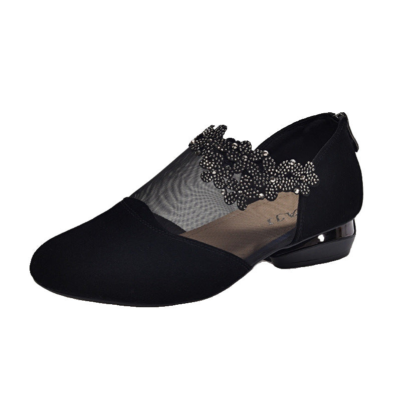 Genuine Leather Mesh Elegant Diamonds Floral Shoes