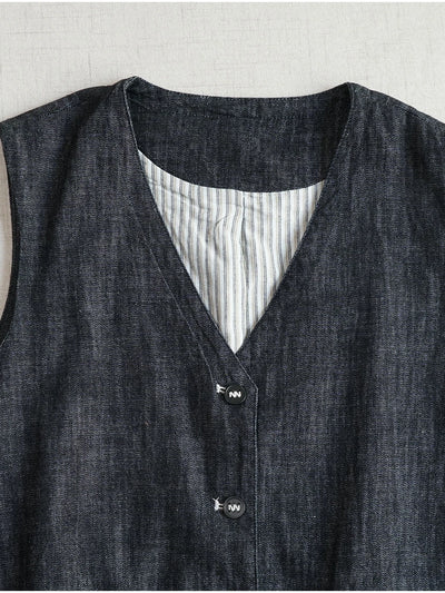 Versatile Retro Cotton V-Neck Patchwork Black Single Breasted Vest