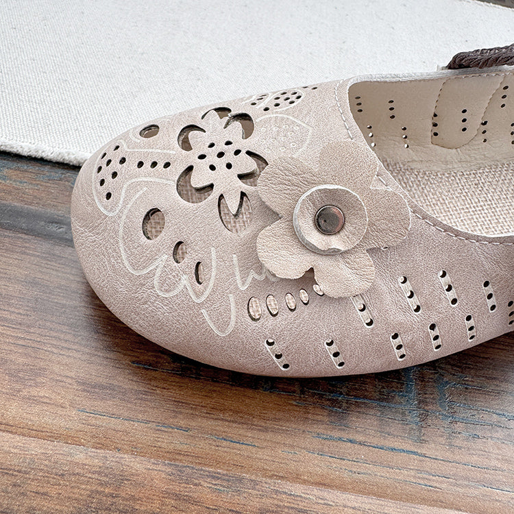 Babakud Women Spring Leather Floral Hollow Mary Jane Ballet Flats