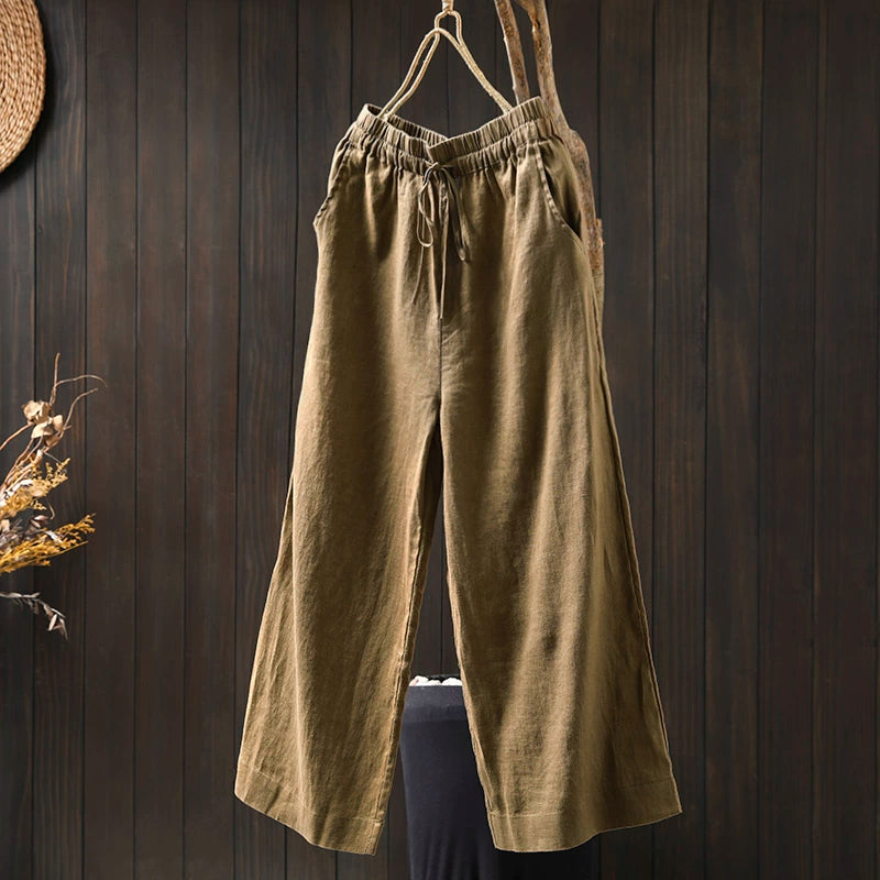 Women Spring Vintage Linen Solid Color Casual Wide-Leg Pants
